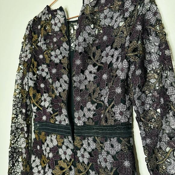 CYNTHIA ROWLEY Linden Purple Black Lace Floral Bell Sleeves Mini Dress Size 4 - Picture 11 of 13